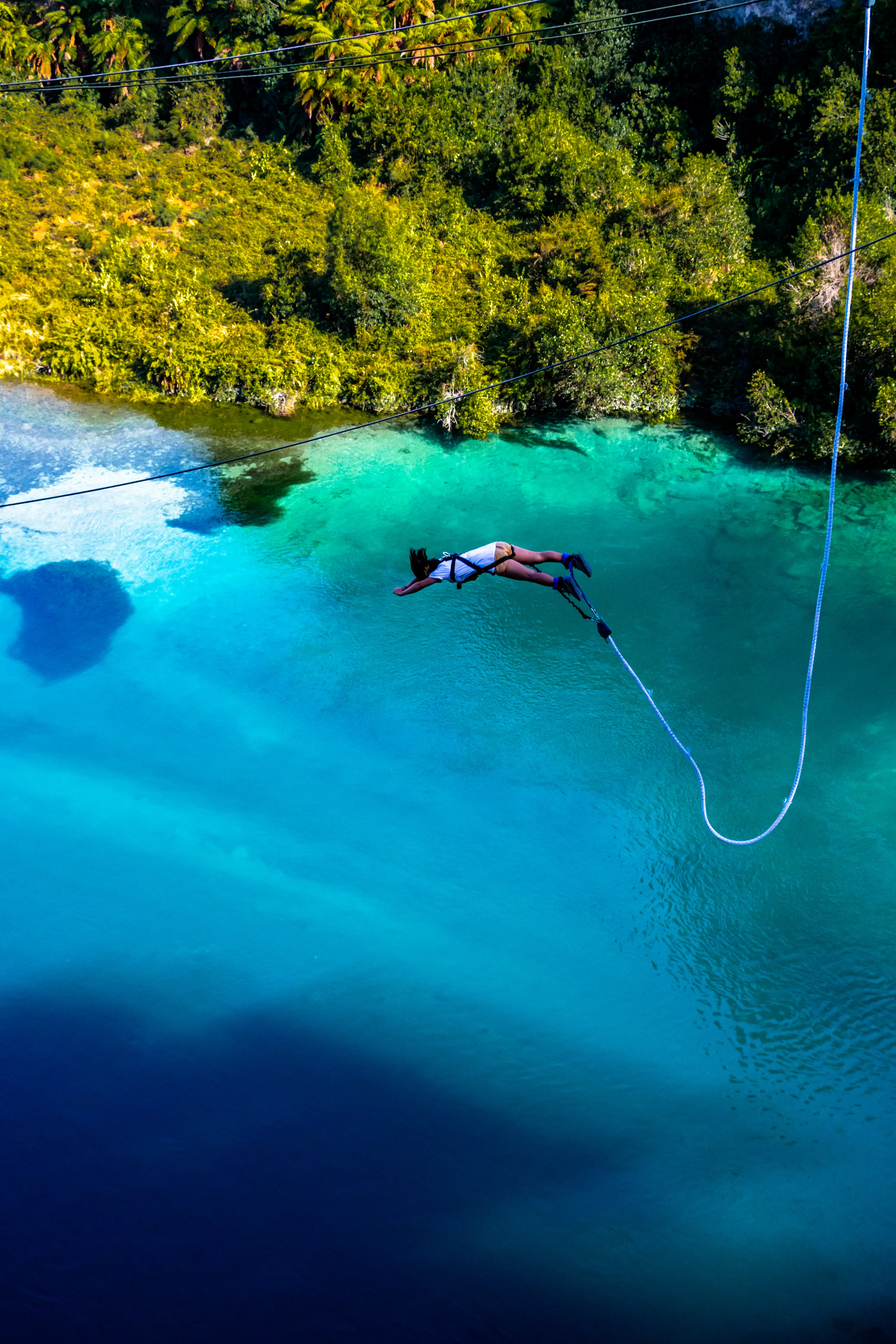 Bungy jumper mid-fall above an emerald river in a deep gorge