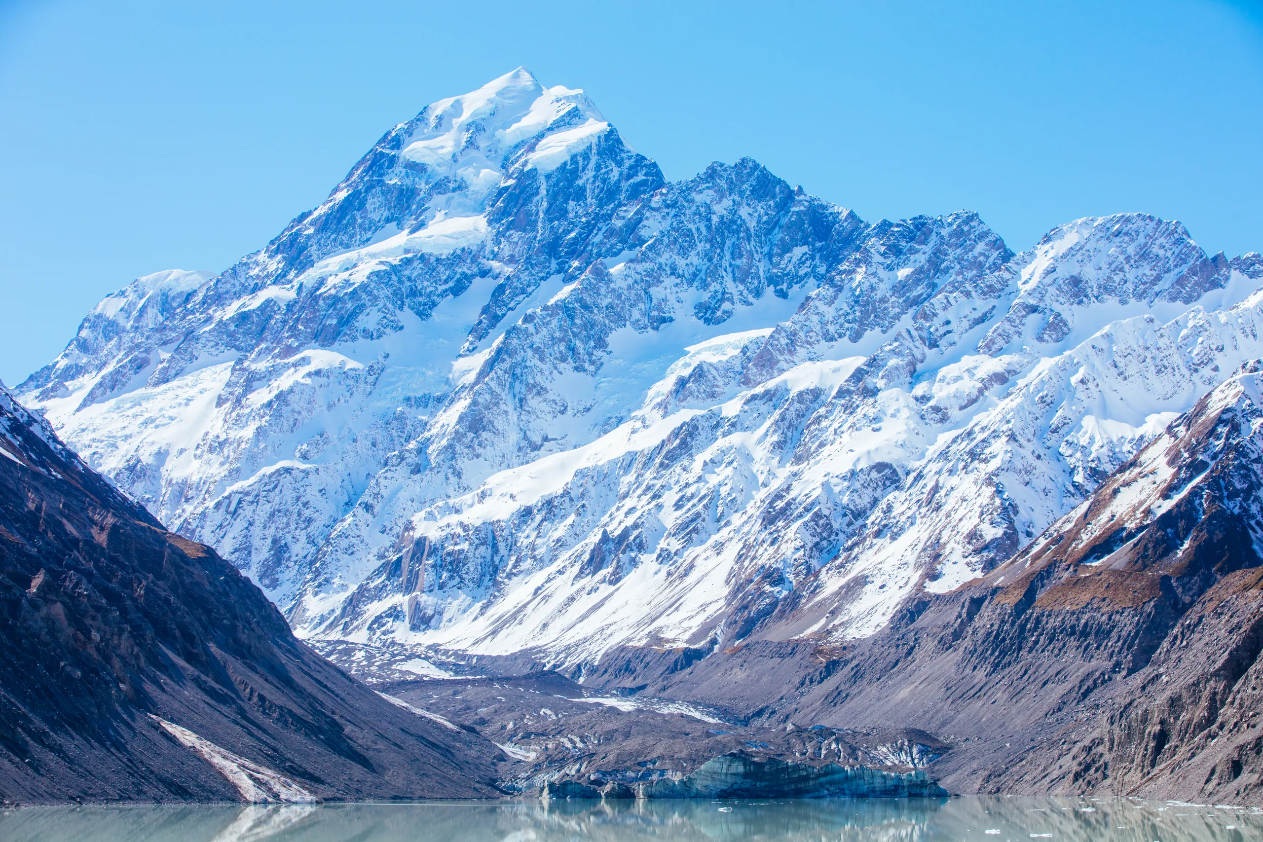 The Hooker Valley Track at Aoraki Mt Cook with the snow-capped peak rising at the head of the valley