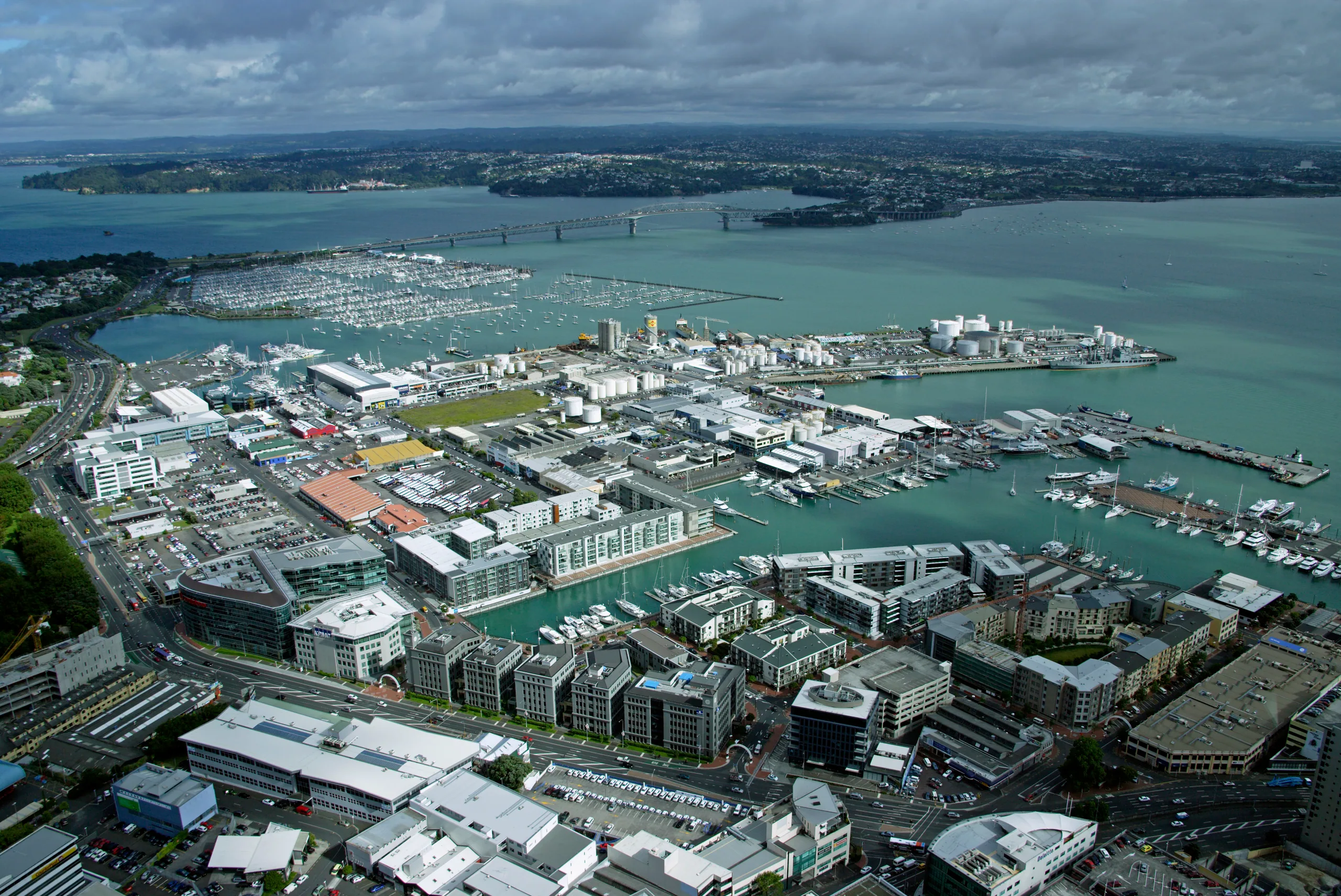 The view from the Sky Tower looking down over the Viaduct yacht harbour and Auckland CBD