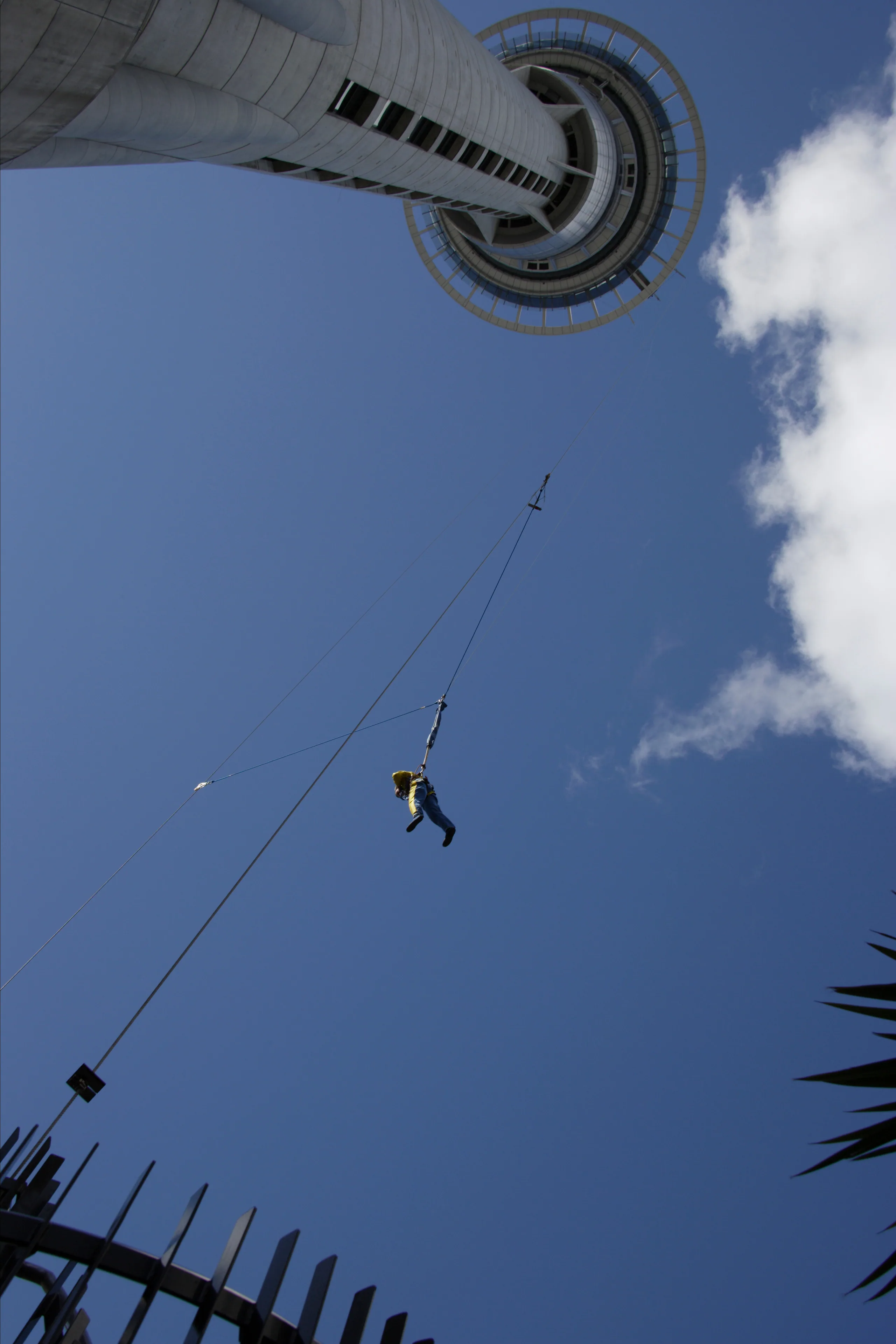 A SkyJump participant in a red jumpsuit falling on the guide wire from the Sky Tower