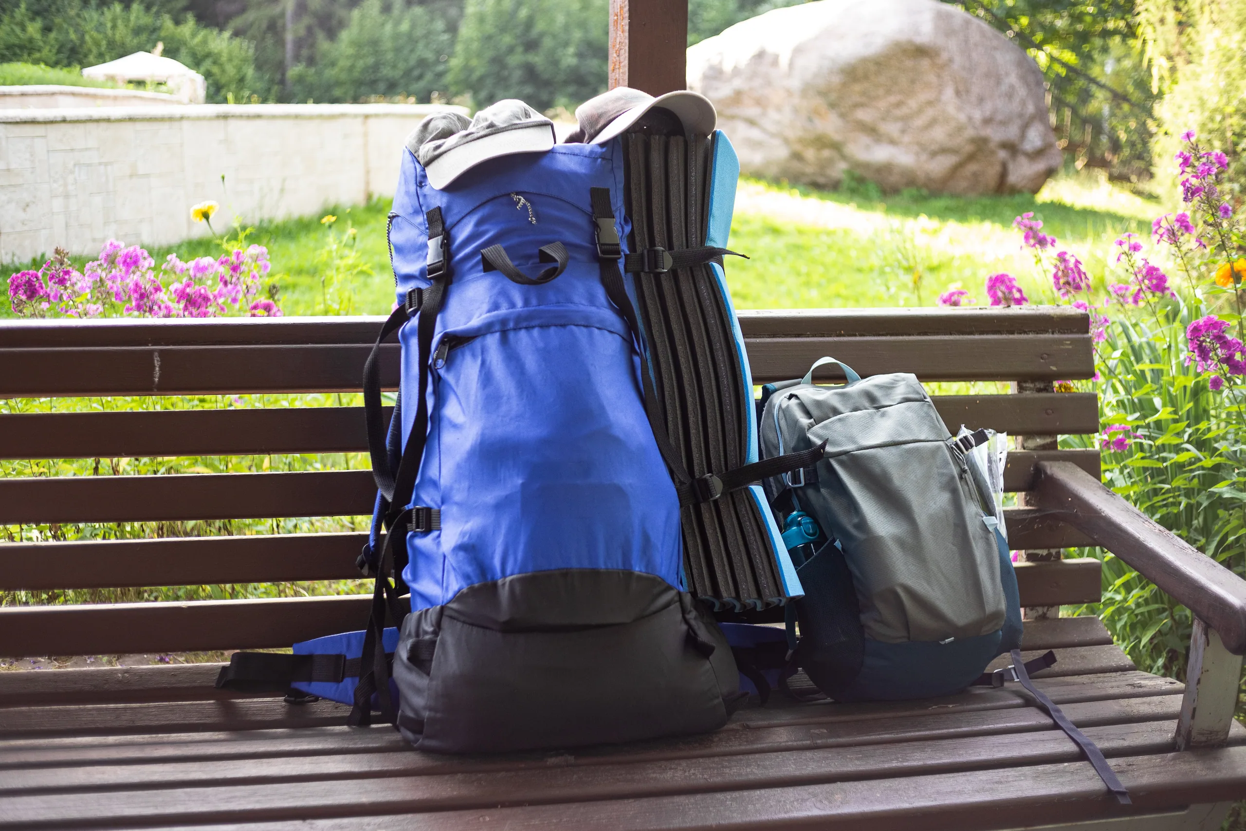 Two hiking backpacks set down on a tussock path on a sunny summer day