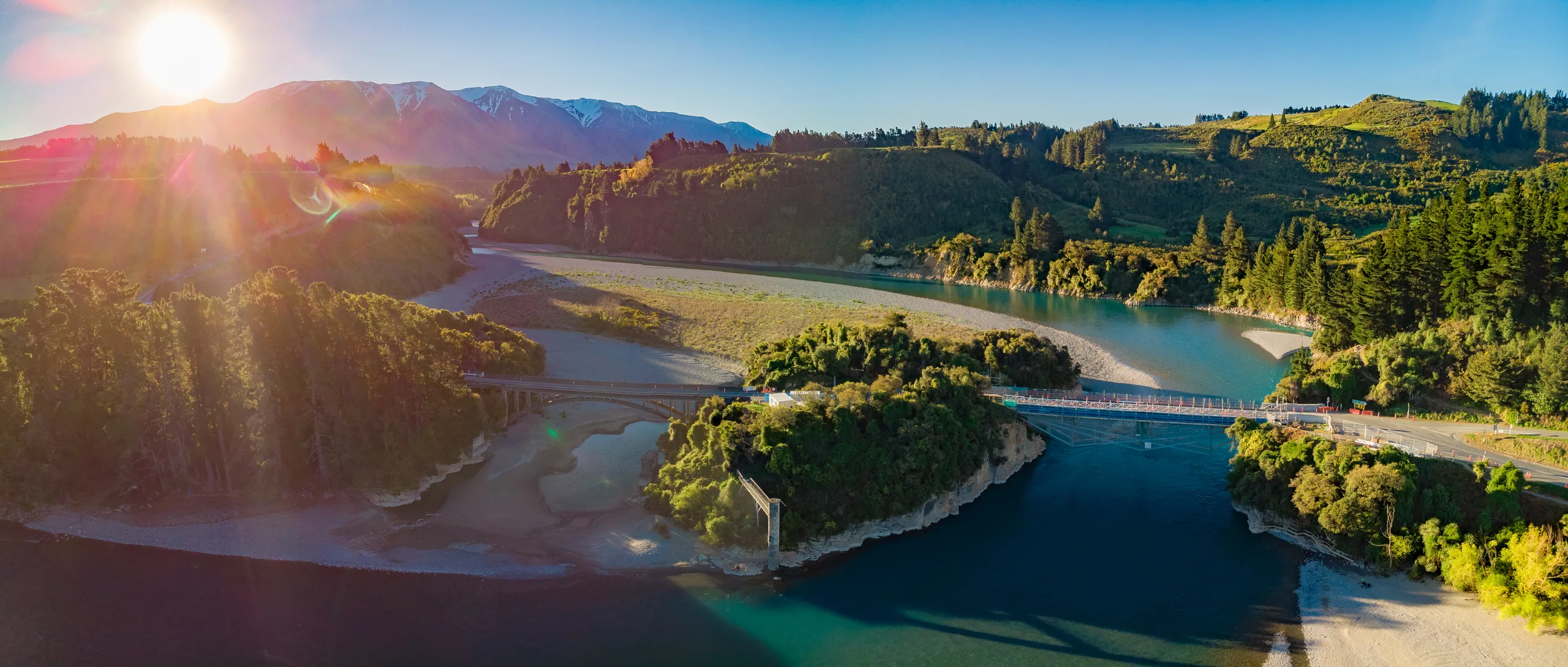 Bridges over the Rakaia River — the same braided alpine country the TranzAlpine crosses on its way to Arthur's Pass